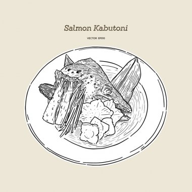 Somon Kabutoni Buğulanmış. el çizim çizim vektörü.