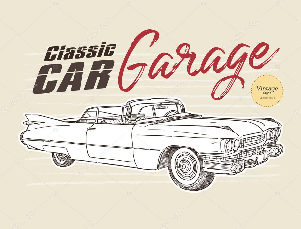 Classic car, vintage style. hand draw sketch vector.