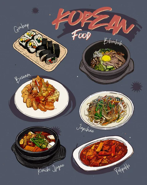 Restoran menu makanan Korea. Menu sketsa makanan Korea . - Stok Vektor