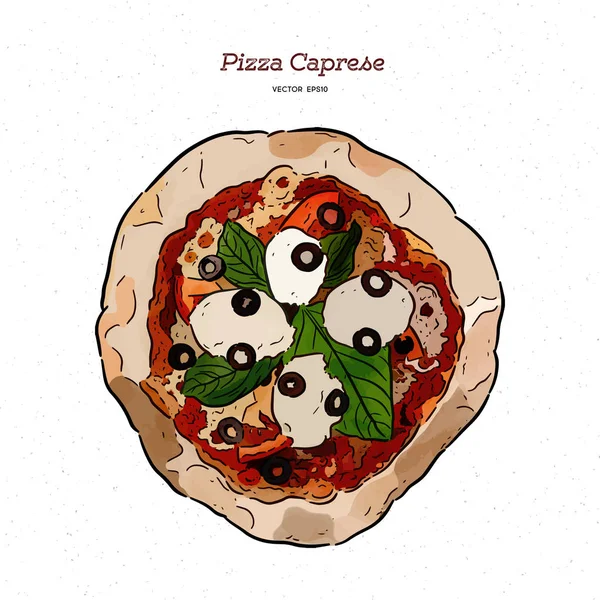 Pizza Caprese con mozzarella, tomates, aceitunas y hojas de albahaca — Vector de stock