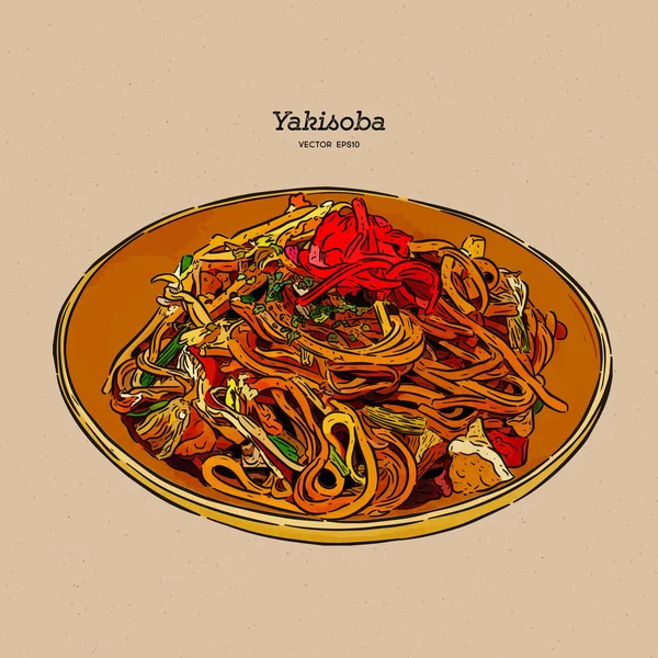 Yakisoba, gebratene Nudeln mit Fleisch und Gemüse. Auslosung — Stockvektor