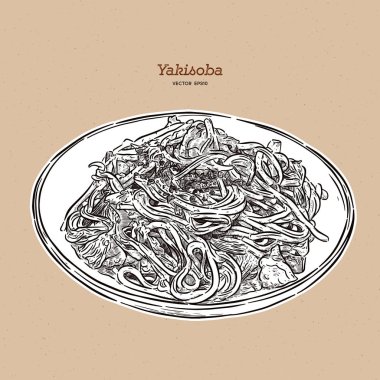Yakisoba, et ve sebze ile tavada erişte. el çizmek 