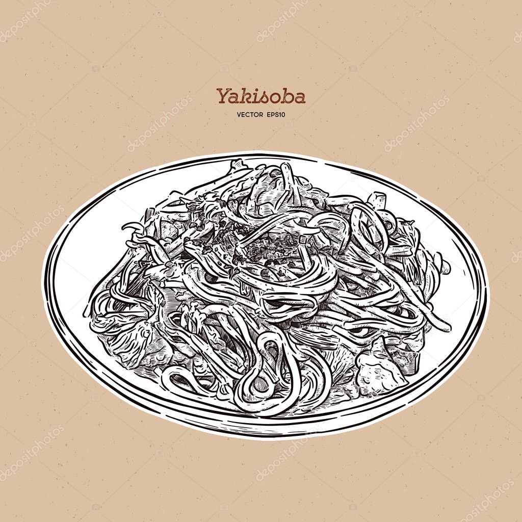 Yakisoba, stir-fried noodle with meat and vegetables. hand draw 