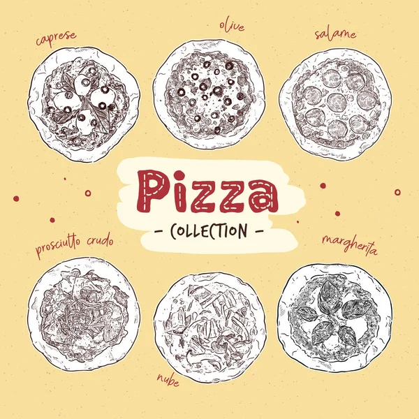 Conjunto de vista superior de pizza con diferentes ingredientes. Italiano entero piz — Vector de stock