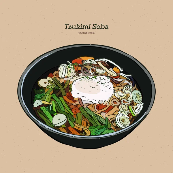 Tsukimi soba è uno dei noodles giapponesi con un uovo crudo . — Vettoriale Stock