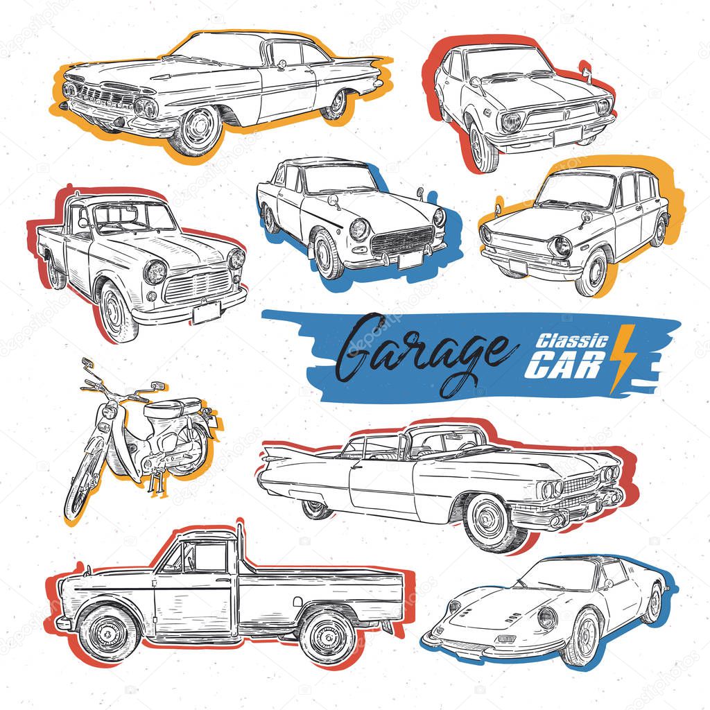 Classic car, hand draw sketch vector.