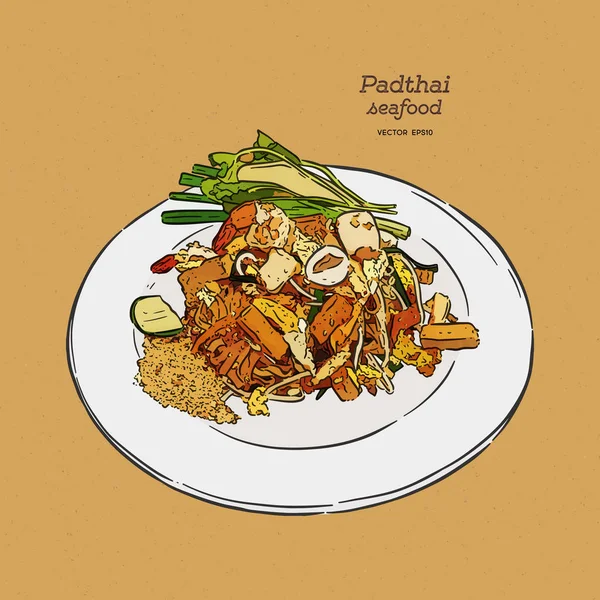 Noodle padthai cibo tailandese nel piatto. mano disegnare schizzo vettoriale — Vettoriale Stock