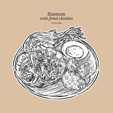 Kızarmış tavuk ile Somtum, el çizim kroki vektörü çizmek. 