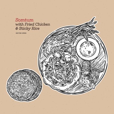 Kızarmış tavuk ile Somtum veya papaya salatası, el çizim vect çizmek