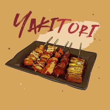 Yakitori Şişleri Japon yemeklerini çizen bir el resmi. - V