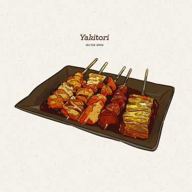 Yakitori Şişleri Japon yemeklerini çizen bir el resmi. - V