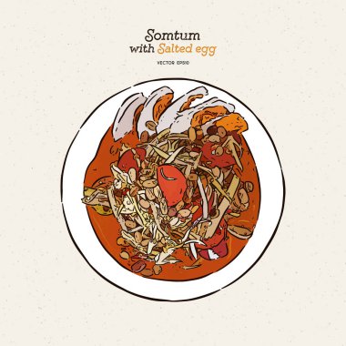 Somtum. Tay baharatlı yeşil papaya salatası ve tuzlu yumurta.