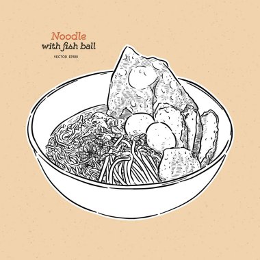 Balık köfteli erişte çorbası, çizim vektörü..