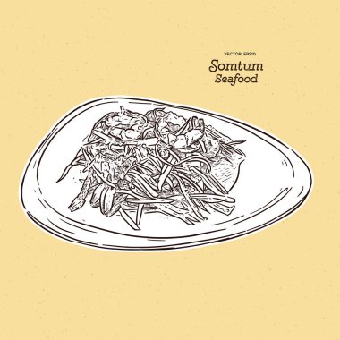 Papaya salatası ya da deniz mahsullü som-tum. Tayland yemeği. El çizimi sürtüğü