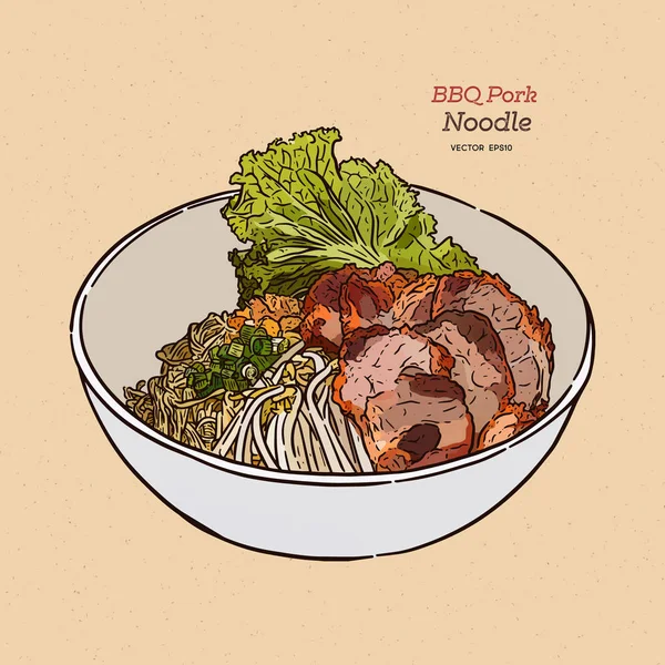 หมูบาร์บีคิวสไตล์จีนกับก๋วยเตี๋ยวไข่ เวกเตอร์วาดสเก็ตช์ด้วยมือ . — ภาพเวกเตอร์สต็อก