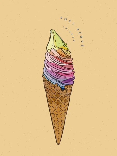 彩虹软服务冰淇淋锥形。 手绘草图矢量. — 图库矢量图片