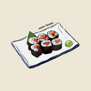 maguro taku maki, elle çizim vektörü. Japon yemeği.
