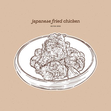 Japon yemeği, Karaage, Japon usulü kızarmış tavuk. El çizimi çizim vektörü.