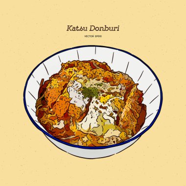 Katsudon popüler bir Japon yemeğidir, üzerine bol yağda kızartılmış domuz pirzolası, yumurta, sebze ve baharat konmuş bir kase pirinç. El çizimi çizim vektörü.