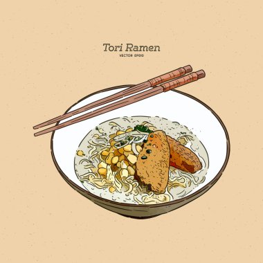 Tori ramen (tavuk çorbası), elle çizim vektörü.