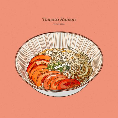 Vejetaryen için domates ramen, elle çizim vektörü. 