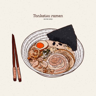 Zengin ve kremalı tonkotsu ramen ile chashu ve yumurta, elle çizim vektörü. Japon yemeği..