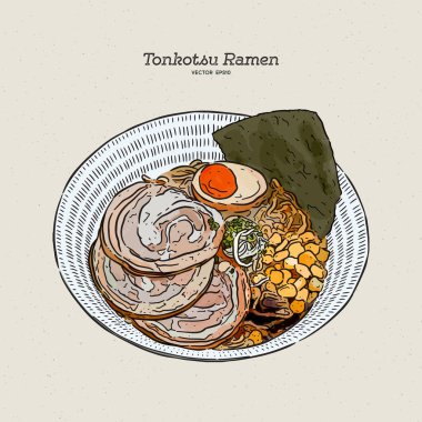 Zengin ve kremalı tonkotsu ramen ile chashu ve yumurta, elle çizim vektörü. Japon yemeği..