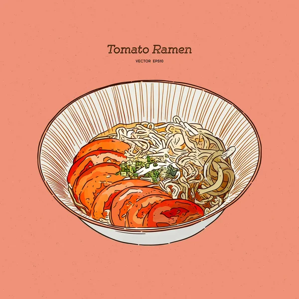 Tomat Ramen Untuk Vegetarian Gambar Tangan Vektor Sketsa - Stok Vektor