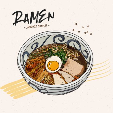 Shoyu ramen, elle çizim vektörü.