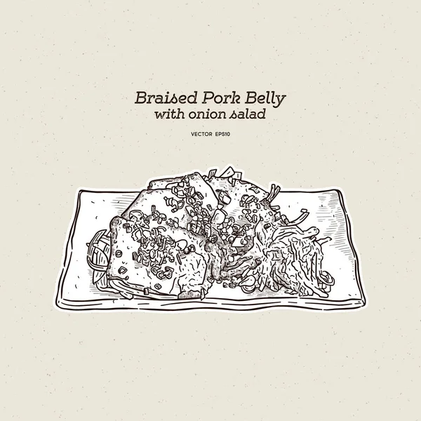 Braised Pork Belly Onion Salad Hand Draw Sketch Vector — Stock Vector