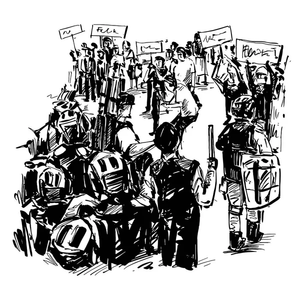 Dessin Des Manifestants Battent Avec Police Hong Kong — Image vectorielle