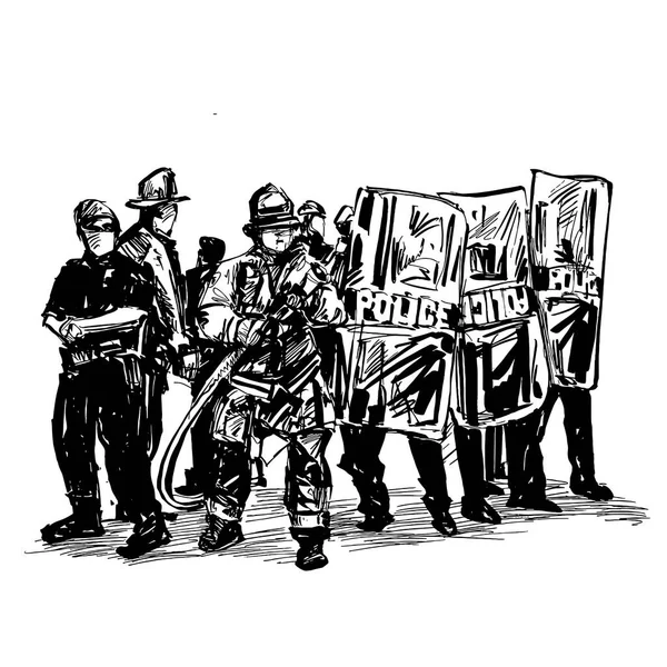 Dessin Police Protège Des Manifestants Amérique — Image vectorielle