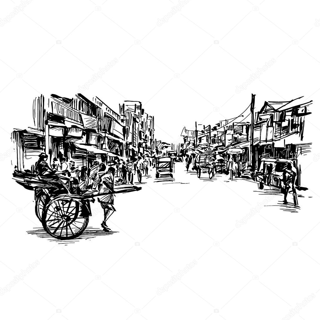 Drawing of India cityscape show the local market and people are walking along street 