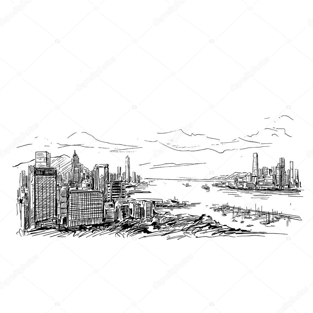 Drawing of Hong Kong Port show landscape and skyline 