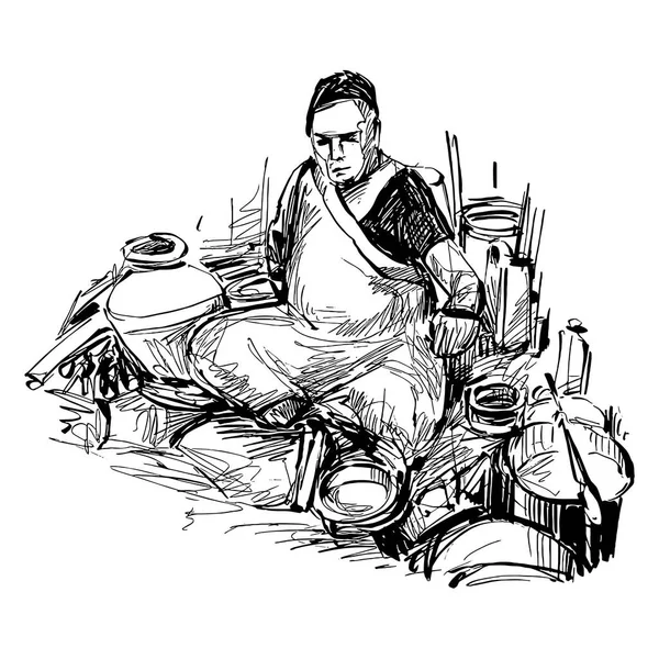 Drawing Street Food Cooker India — Stockvector