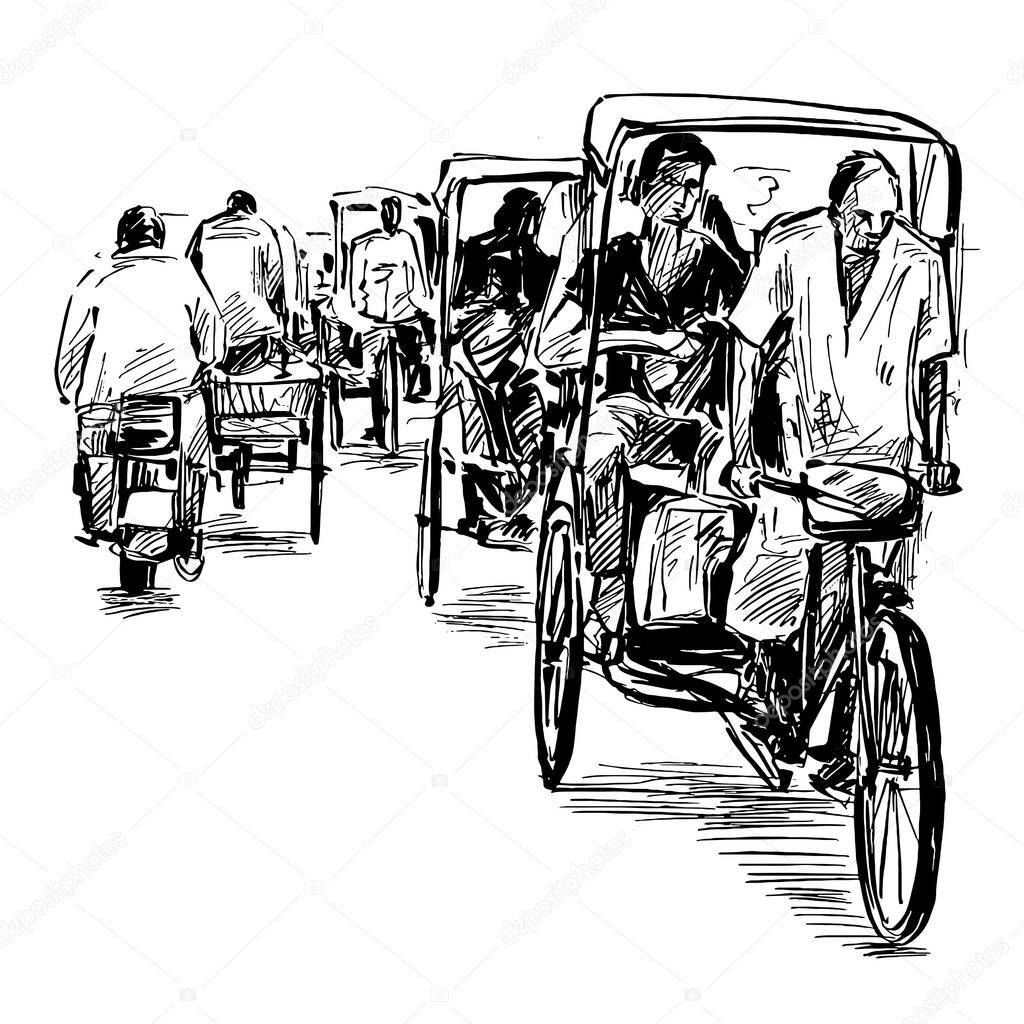 Drawing of the tricycle on street in India 