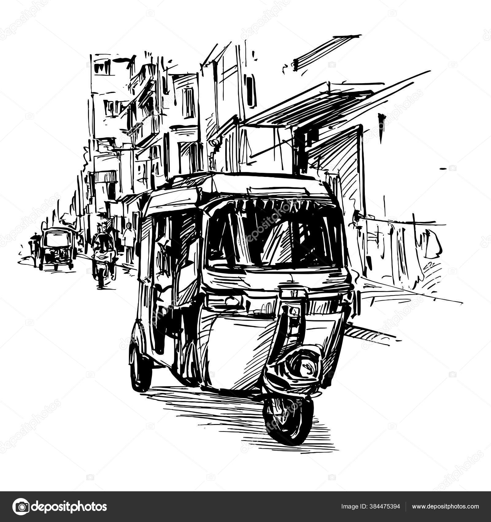 Drawing Tricycle Street India Vektor Stok oleh ©arnontphoto 384475394