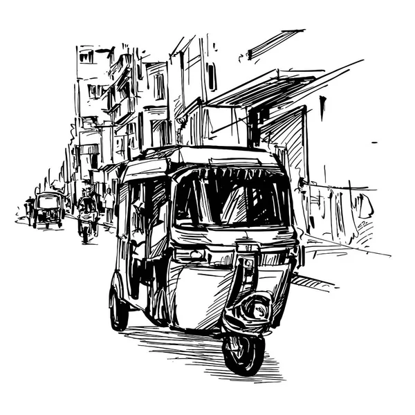 Рисунок Трехколесного Велосипеда Улице Индии — стоковый вектор