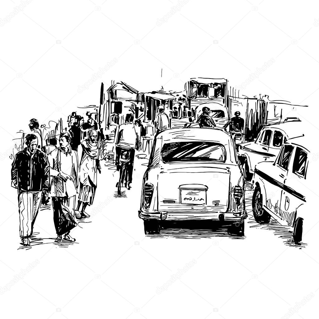 Drawing of the traffic on street in India 