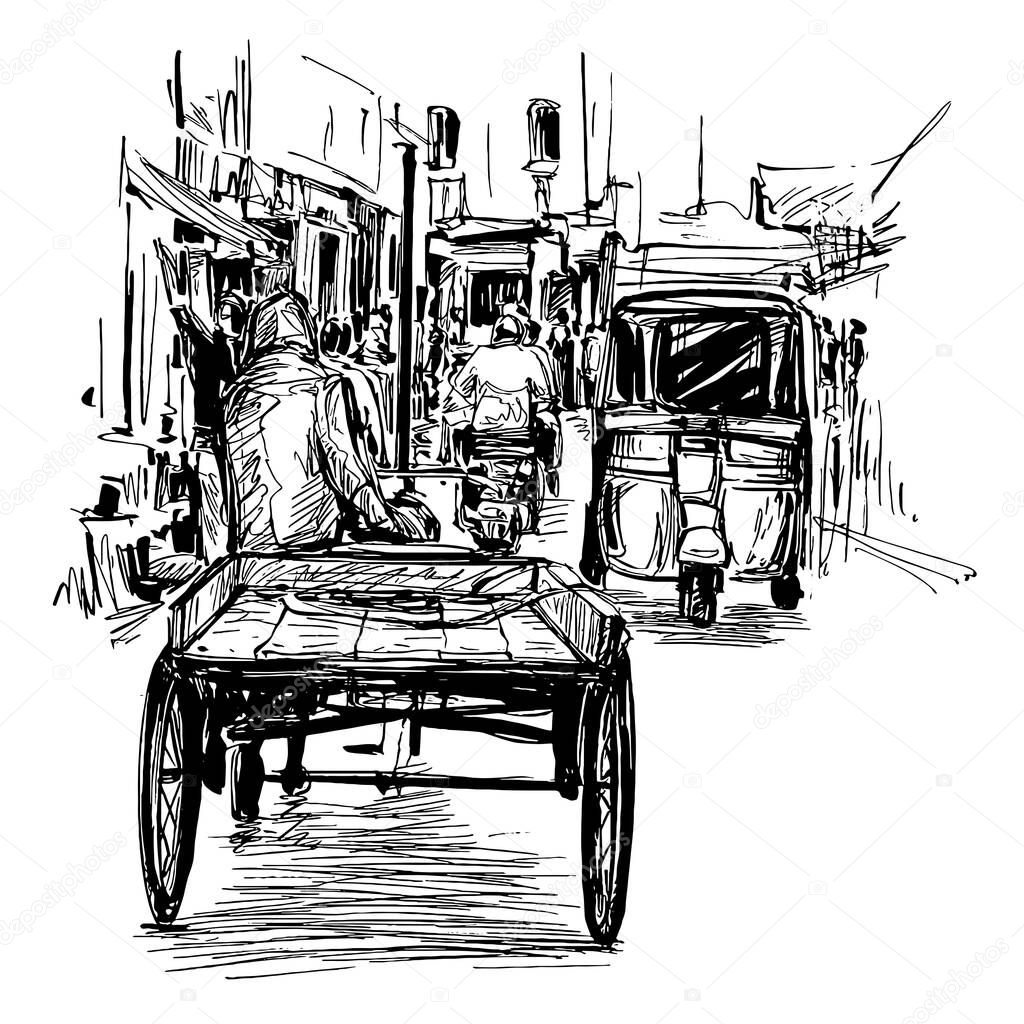Drawing of the tricycle at local market in India 
