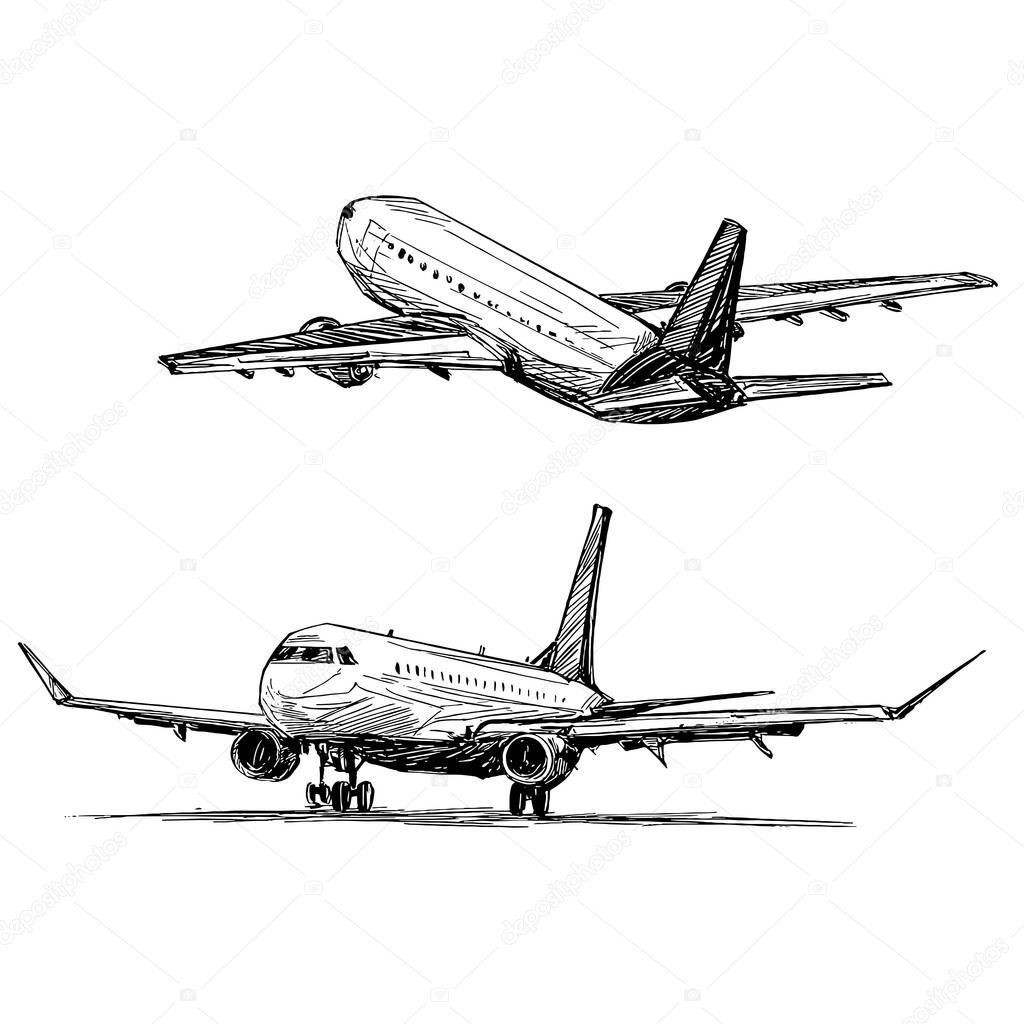 Drawing of the airplane landing at the airport 