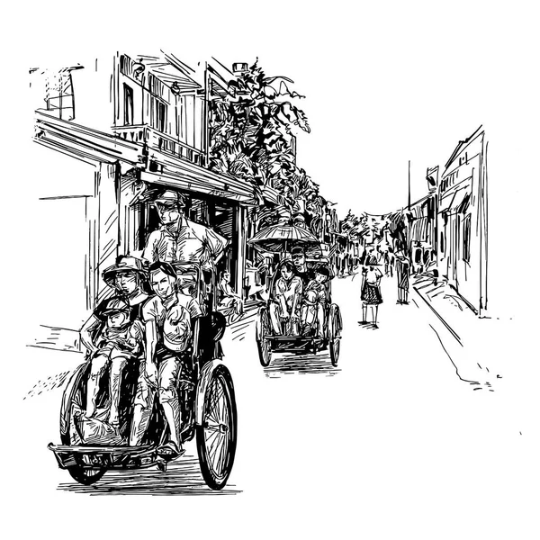 ベトナムでの三輪車の描画 ホイアン — ストックベクタ