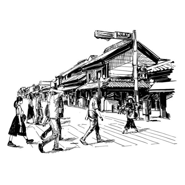 京都の日本の街並みを描く — ストックベクタ