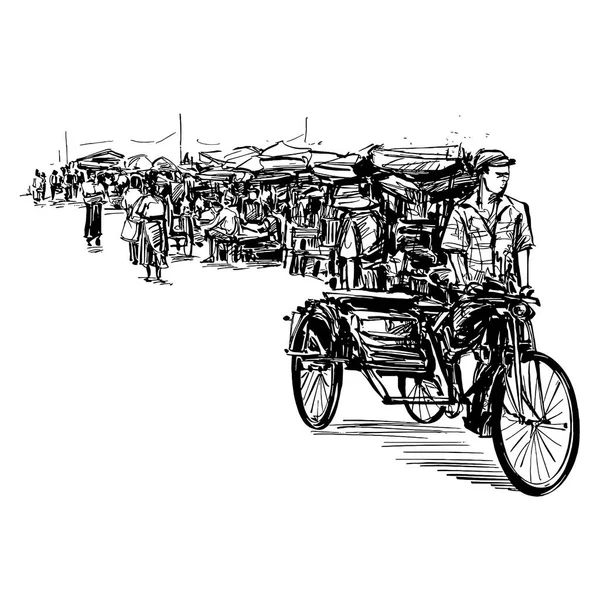 Dibujo Del Rickshaw Mercado Local Myanmar — Vector de stock