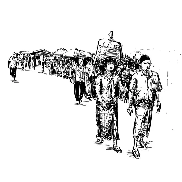 Tekening Van Mensen Lopen Lokale Markt Myanmar — Stockvector