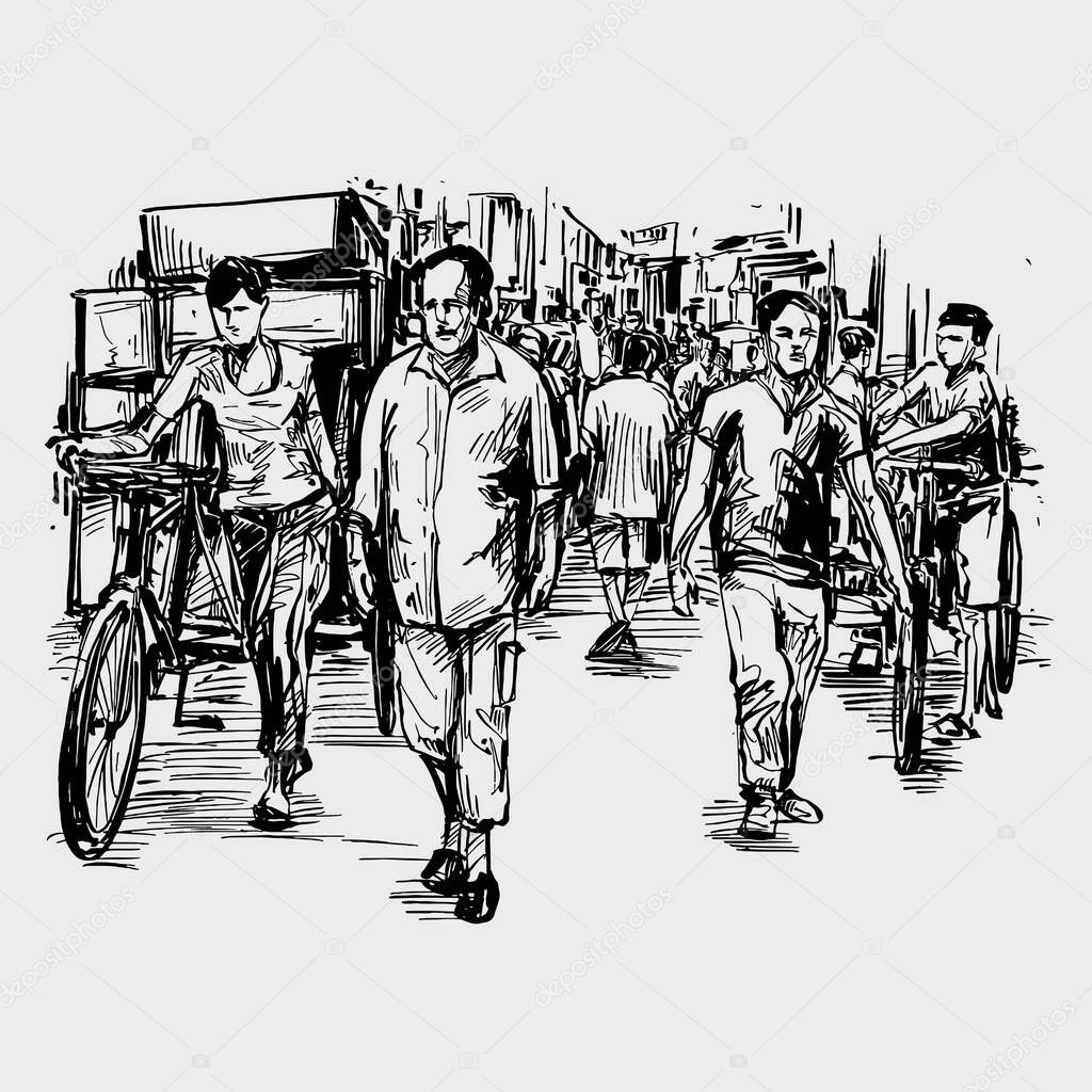 Drawing of the people are walking on street at local market in India 