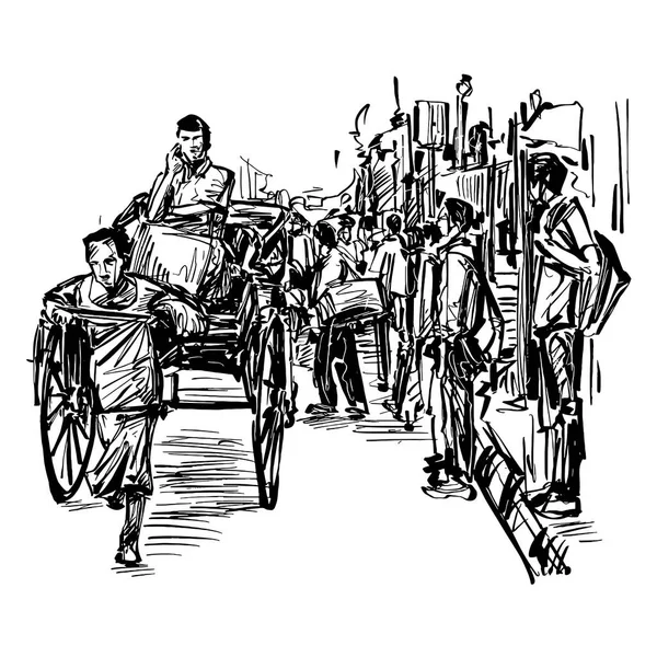 Dessin Rickshaw Transport Traditionnel Inde — Image vectorielle