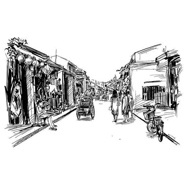 Dibujo Ciudad Vieja Hoi Vietnam — Archivo Imágenes Vectoriales