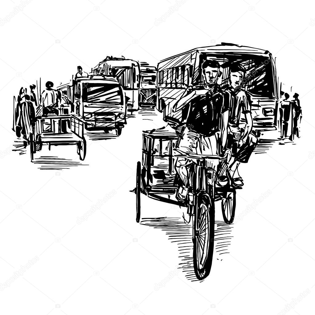 Drawing of the transportation on street in India 