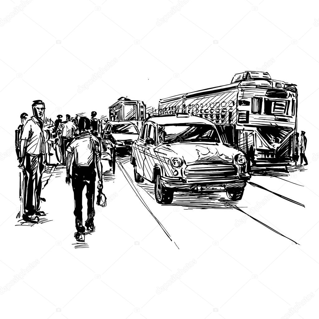 Drawing of the transportation on street in India 